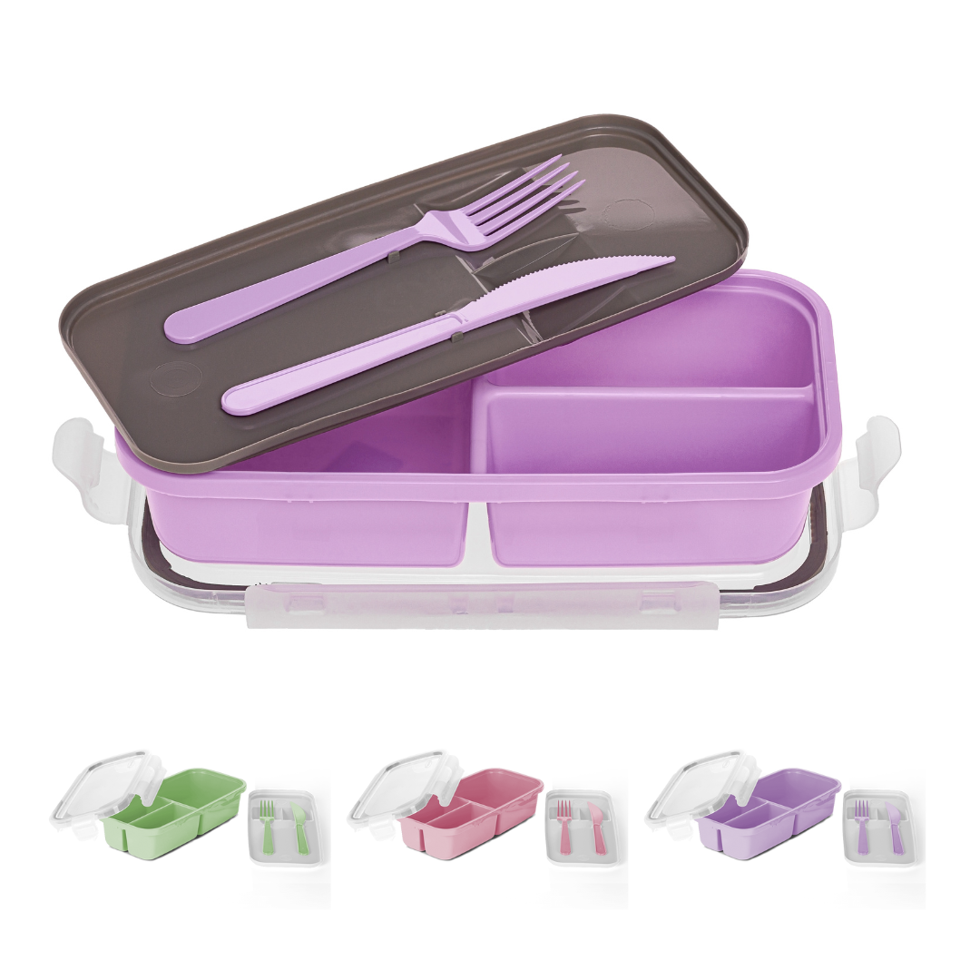 BPA Free 3 Compartment Lunch Box with Locking Lids and Utensil Tray Fork and Knife Safe for Microwave and Freezer Plasvale