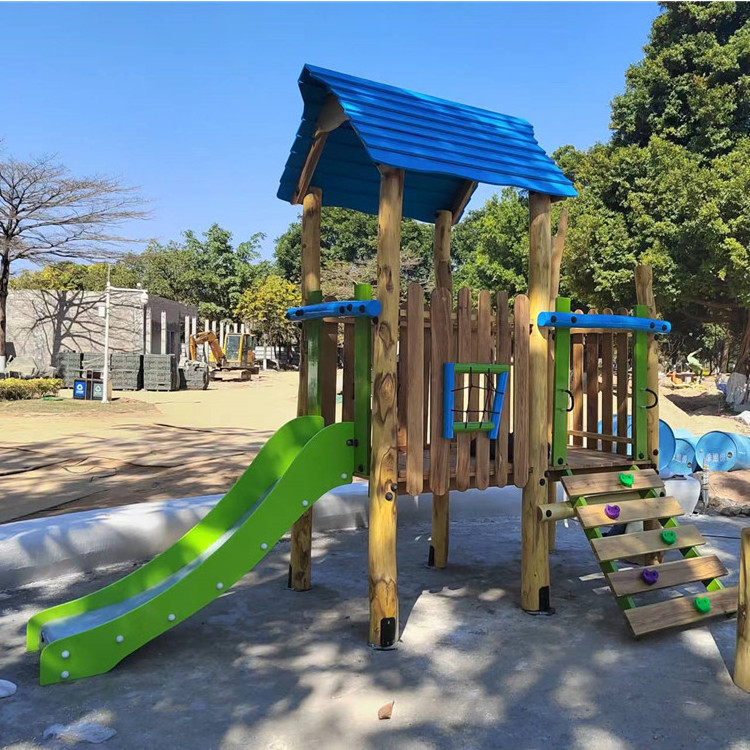 Guangzhou Supplier Kids Commercial Wooden Playground with Stainless Steel Slide and Climber