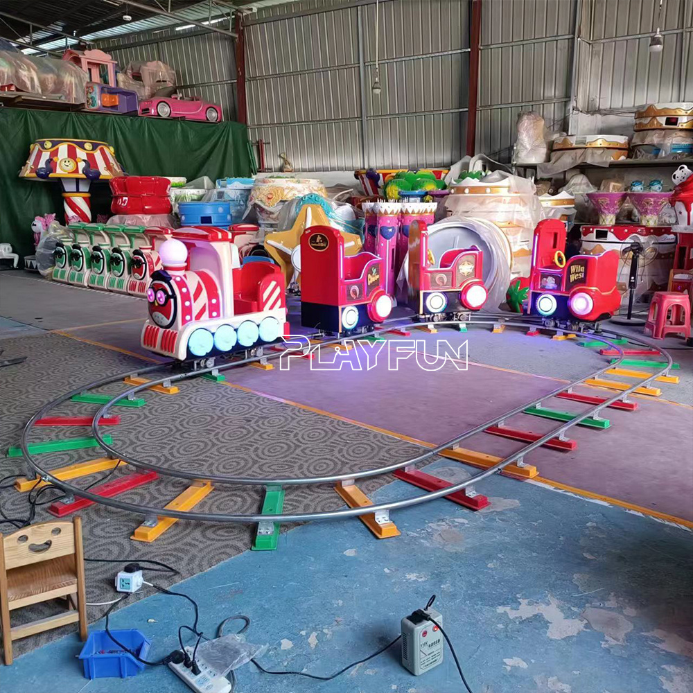 PlayFun Factory Supply Manufacturer Provides Amusement Park Rides Kids Electric 7 Seven Fiberglass Track Train Kiddie Rides