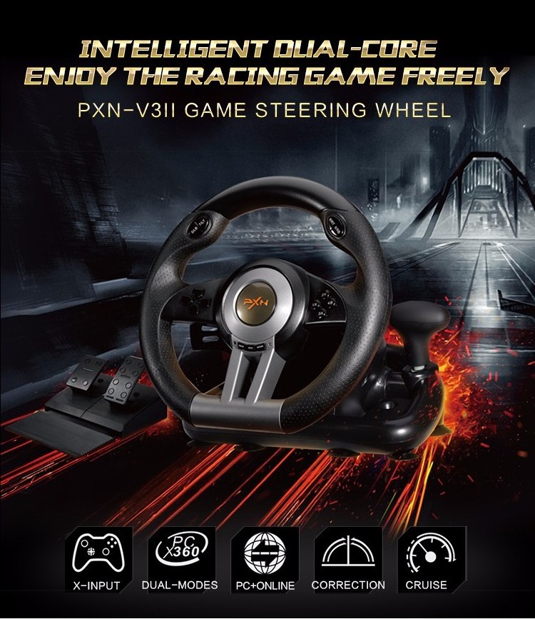 PXN V3 Pro Wired 180 Degree Gaming Steering Wheel for PC, PS3, PS4, XBOX ONE, XBOX SERIES, SWITCH