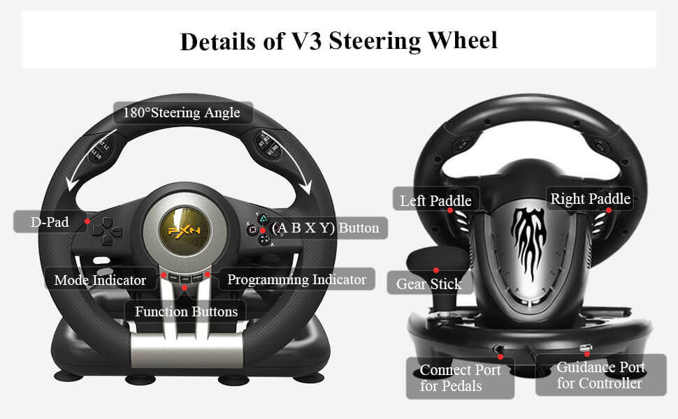 PXN V3 Pro 180 Degree Steering Wheel for PS4, PS3, XBOX SERIES, SWITCH, Racing Wheel with Pedals