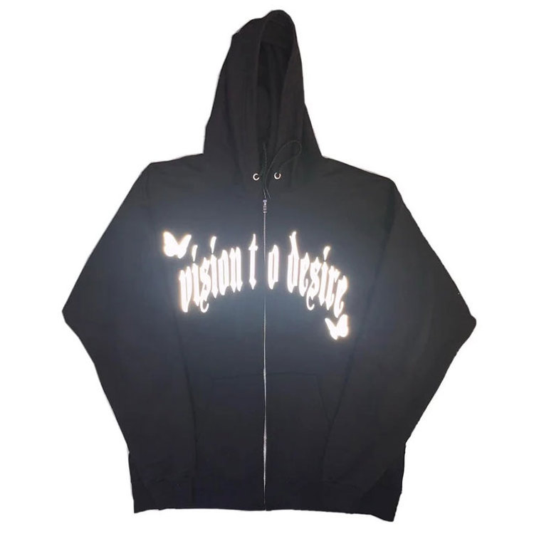 Reflective Butterfly full Zip Up hoodies Y2K clothing Fashionable Puff printing private label hoodies with roomy pocket