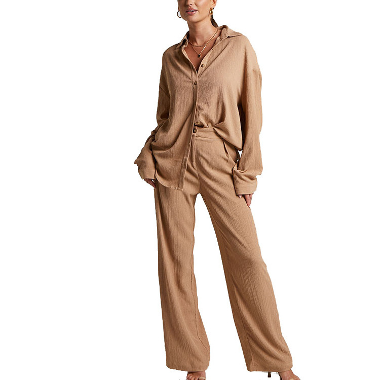 top quality super soft woman clothes textured crinkle crepe oversized plain shirts and tailored casual trousers adults sets