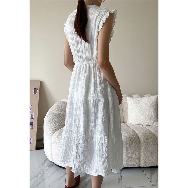 wholesale plain ruffled cuffs wrap textured midi dresses crinkled ladies clothes white sleeveless summer beach dress