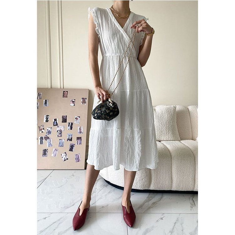 wholesale plain ruffled cuffs wrap textured midi dresses crinkled ladies clothes white sleeveless summer beach dress