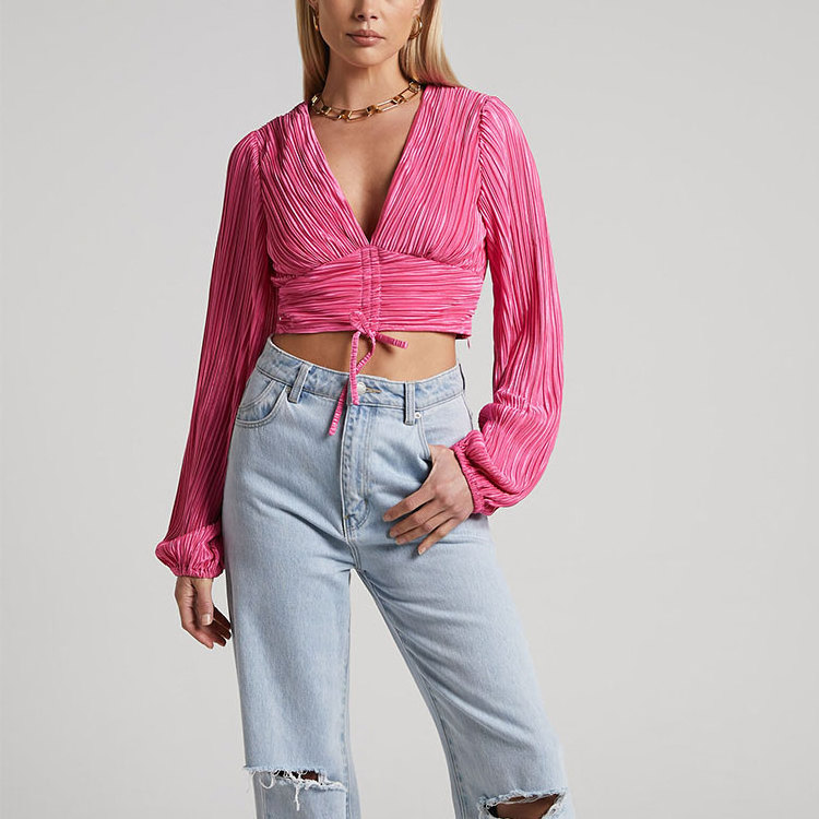 high quality deep v neck women tops factory ruched front long balloon sleeve plisse crop top blouses with drawstring