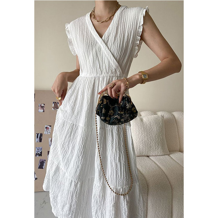 wholesale plain ruffled cuffs wrap textured midi dresses crinkled ladies clothes white sleeveless summer beach dress