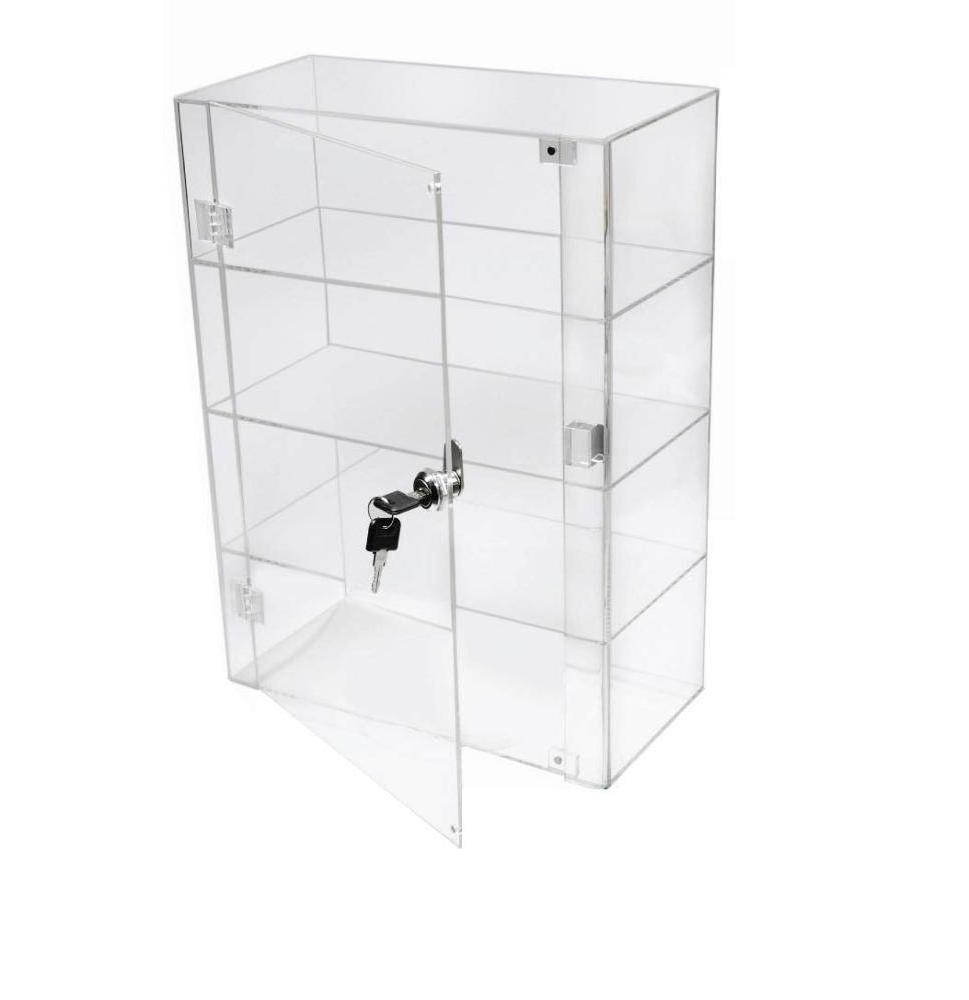 High Gloss Clear Acrylic 3 Shelf Display Case with Front Door & Security Lock