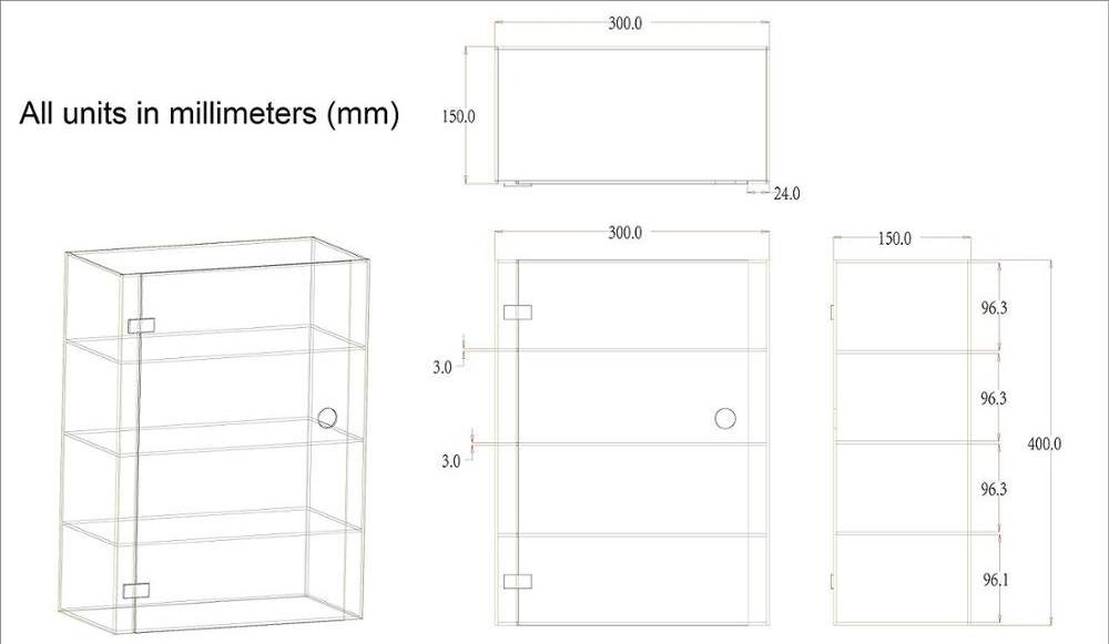 High Gloss Clear Acrylic 3 Shelf Display Case with Front Door & Security Lock