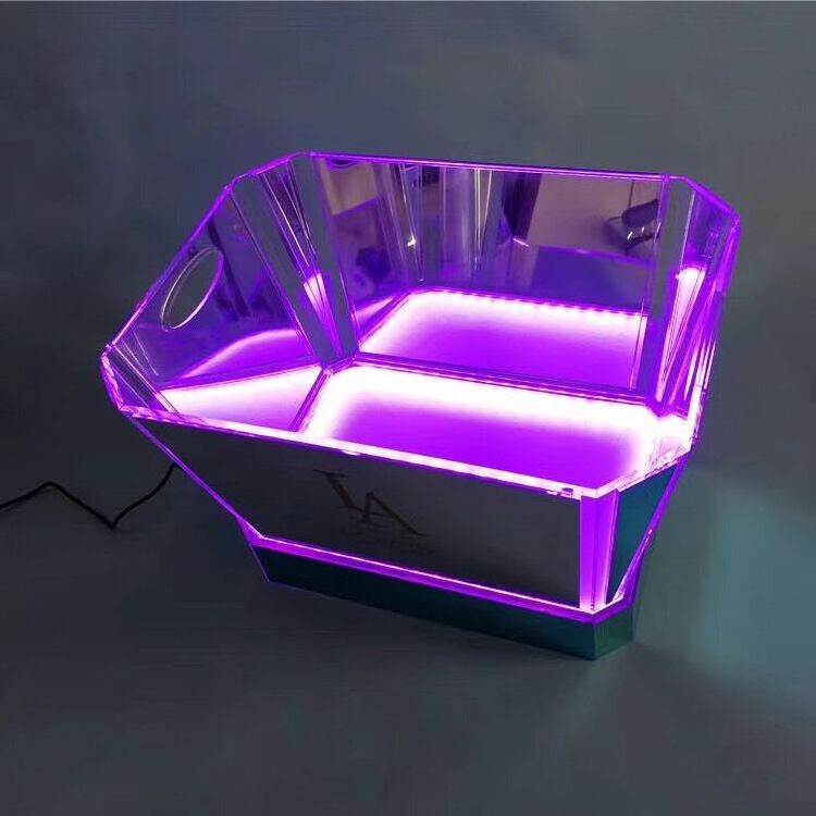 Luxury Purple Light Rechargeable Acrylic Mirrored LED Ice Bucket with Custom Night Club Bar Lounge Name