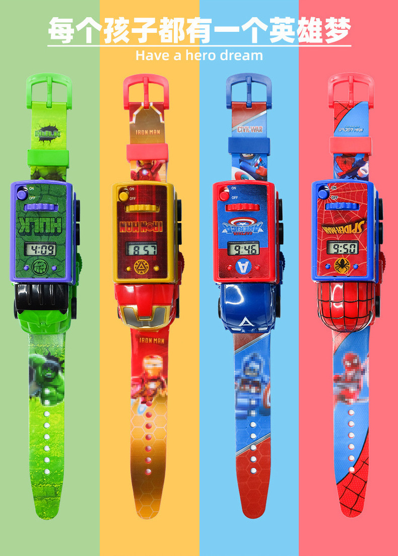 New marvel Spiderman Iron Man cartoon children's deformation projection toy Digital Watch direct deal kids bus watch