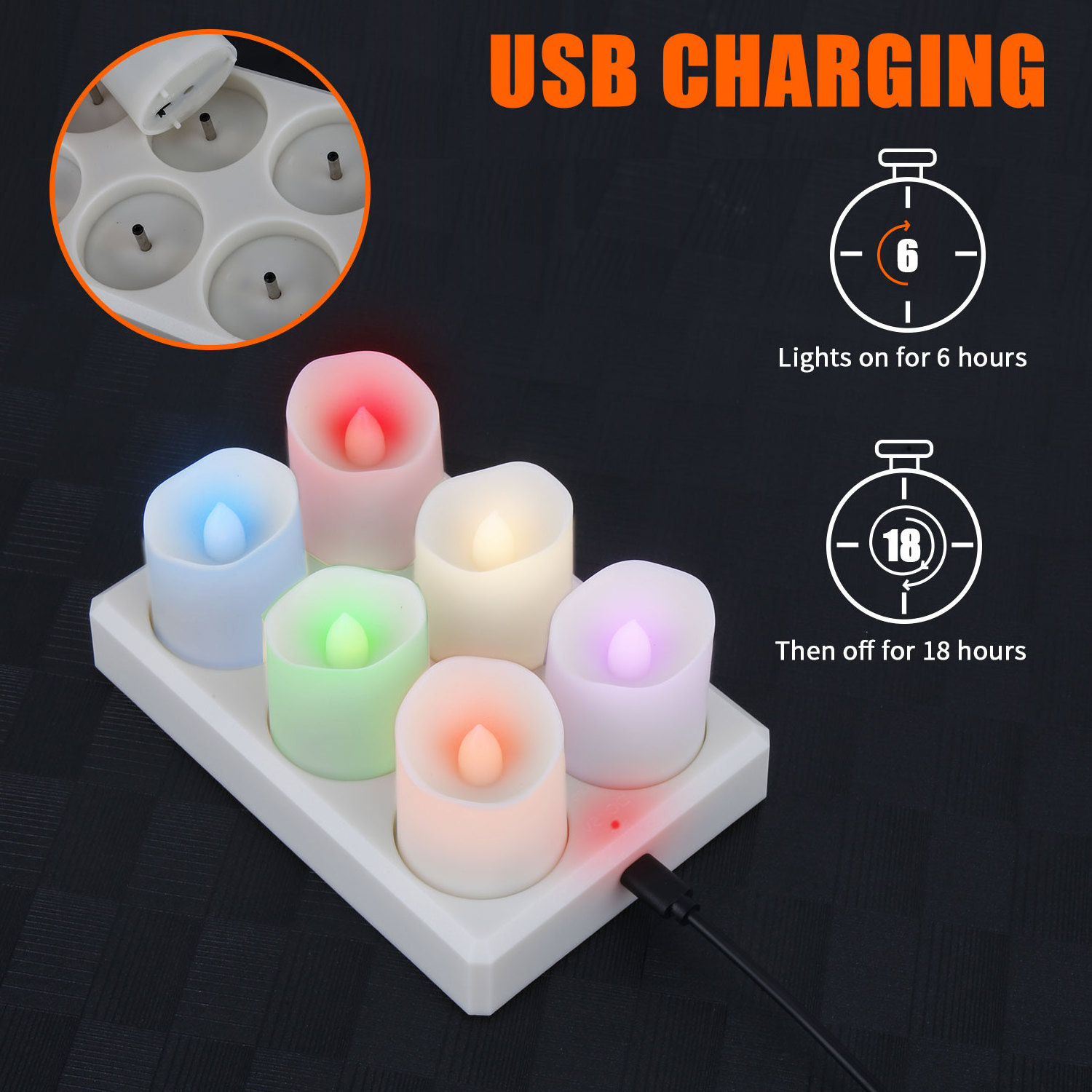 Pack of 6 Rechargeable Electric Tea Light Candles Flameless Color Change Tea Light LED Candle