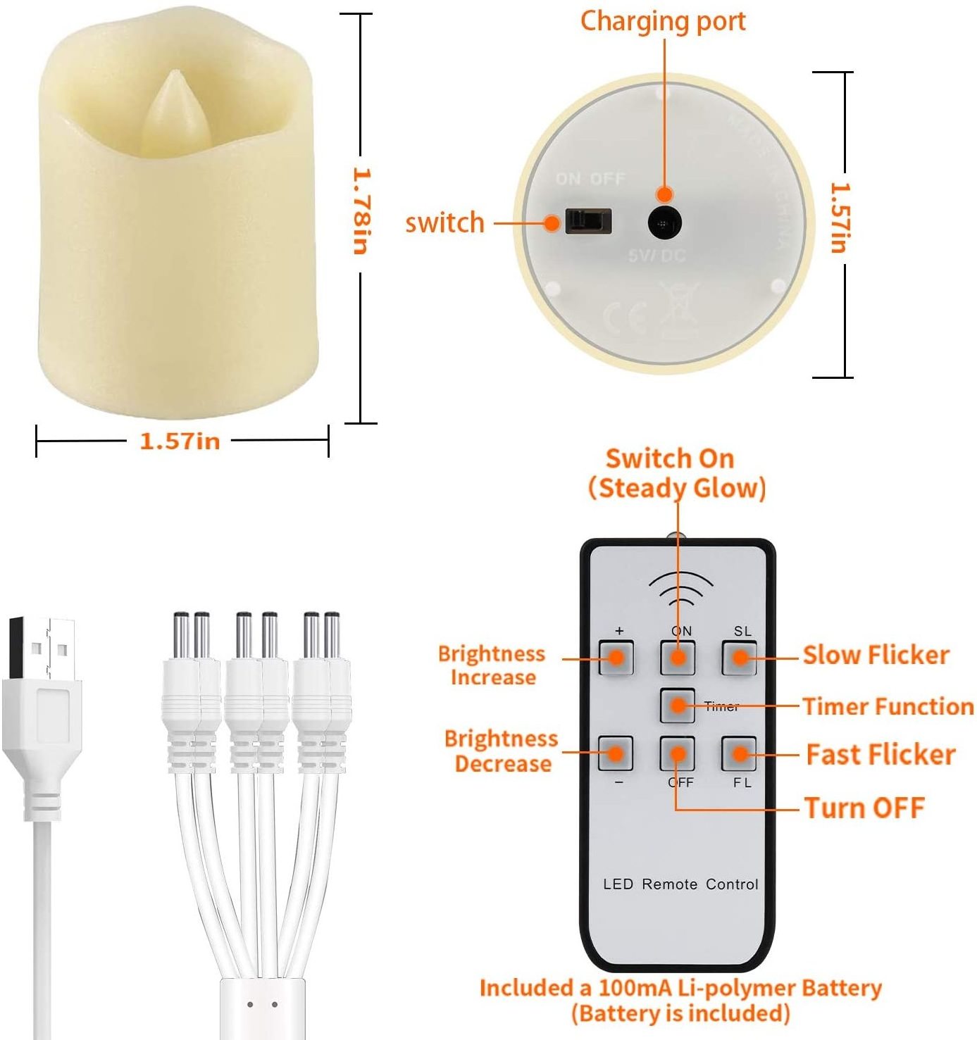 6 Pack Rechargeable LED Candles Flickering Flameless Tea Lights with Adjustable Brightness for Restaurant Tables