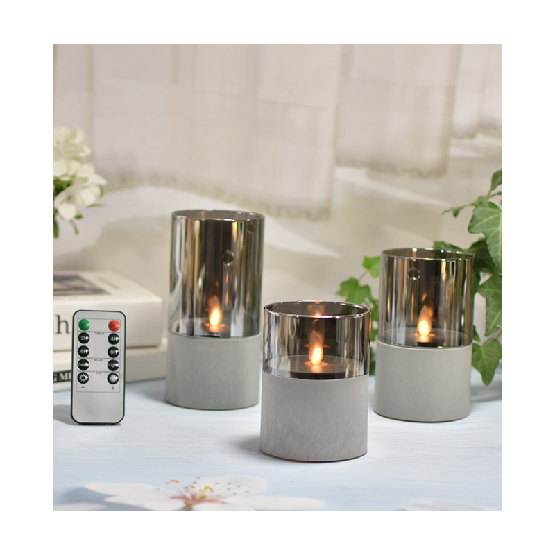 3 pcs/set Elegant LED Wax Candle Light Faux Concrete Pillar with Moving Flame for Restaurant and Dining Table