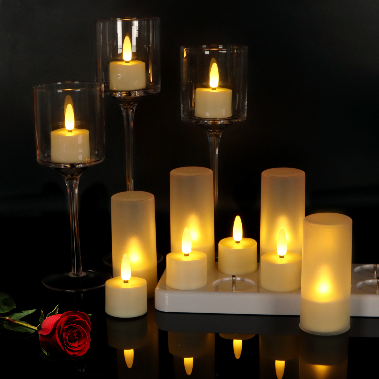 12pcs/set Flameless Tea Light Candles Remote LED Tealight With Charging Base Flickering Dinner Light Rechargeable Led Candles