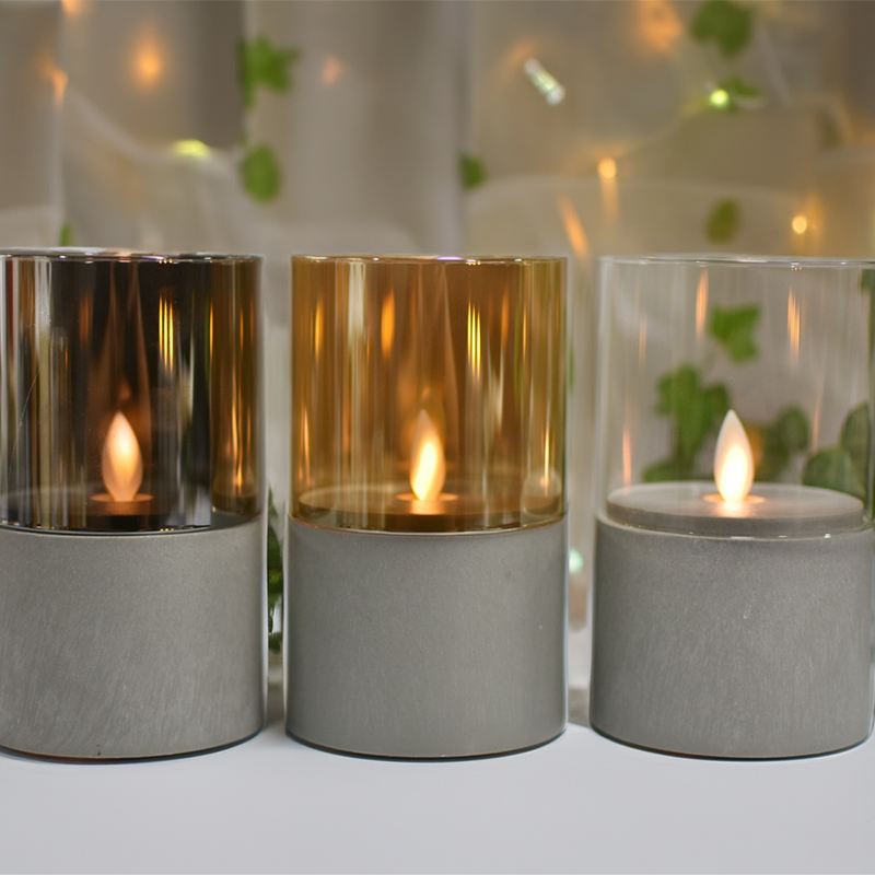 3 pcs/set Elegant LED Wax Candle Light Faux Concrete Pillar with Moving Flame for Restaurant and Dining Table