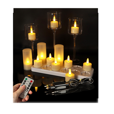 12PCS Remote Control Tealight Candles With Charging Base Flickering Flame Rechargeable LED Candle Light