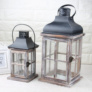 Rustic Wooden Candle Lanterns Iron Candles holder, Country style Wooden and Glass Hanging Lantern for Wedding Holiday Home decor