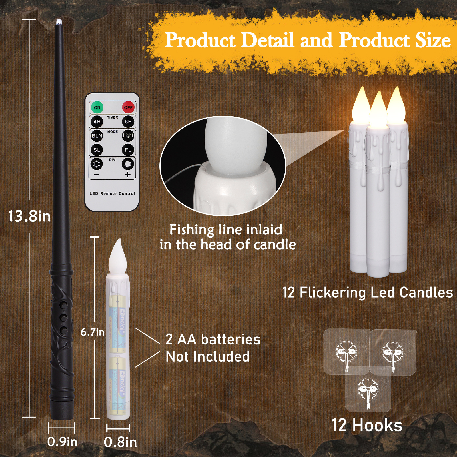 2024 Hot Sell Flameless LED Tapered Candle Plastic Floating Candle with Remote Wand for Home Decoration Easter Halloween