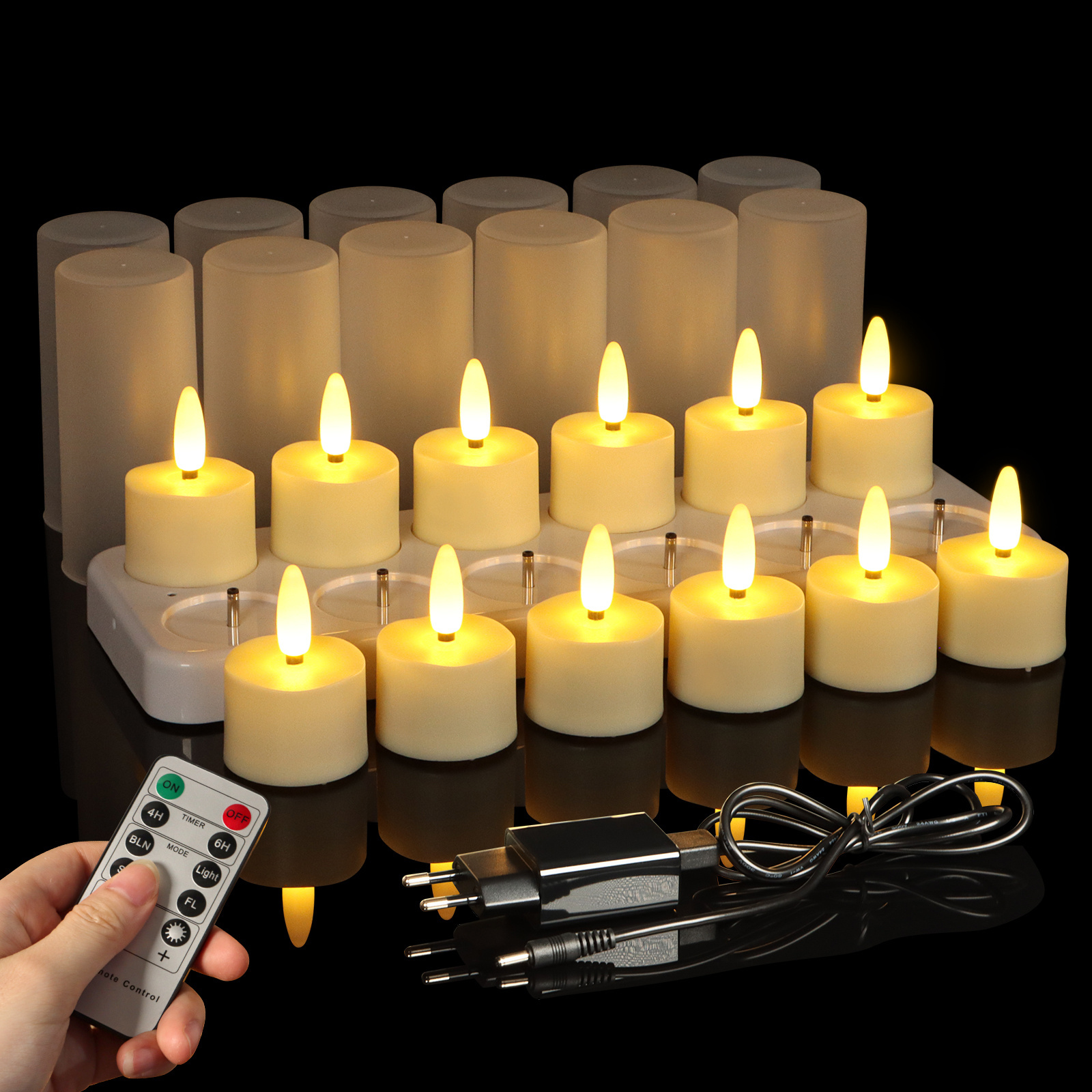 12PCS Remote Control Tealight Candles With Charging Base Flickering Flame Rechargeable LED Candle Light