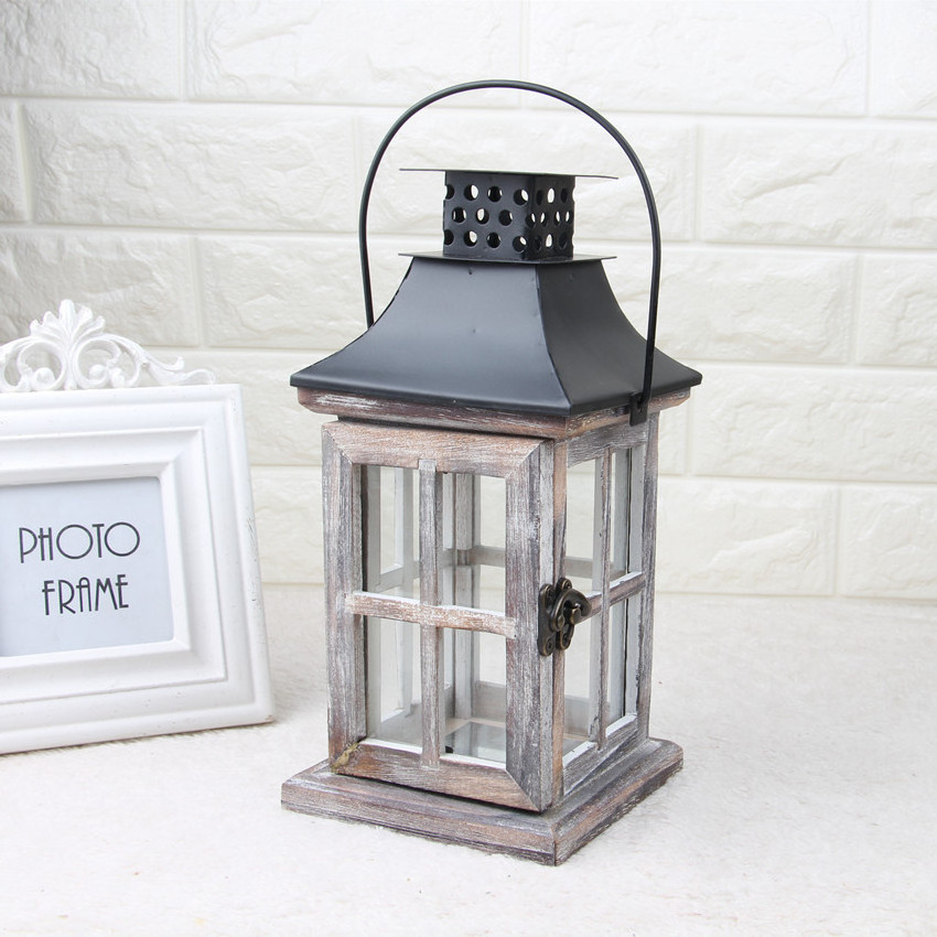 Rustic Wooden Candle Lanterns Iron Candles holder, Country style Wooden and Glass Hanging Lantern for Wedding Holiday Home decor