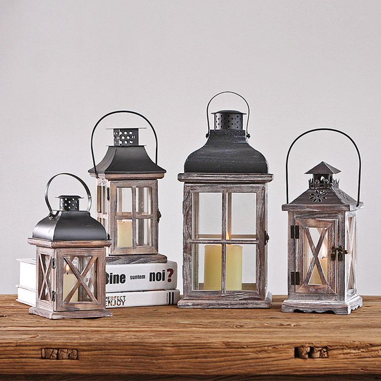 Rustic Wooden Candle Lanterns Iron Candles holder, Country style Wooden and Glass Hanging Lantern for Wedding Holiday Home decor