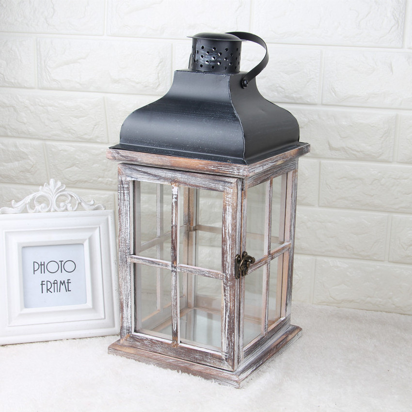 Rustic Wooden Candle Lanterns Iron Candles holder, Country style Wooden and Glass Hanging Lantern for Wedding Holiday Home decor