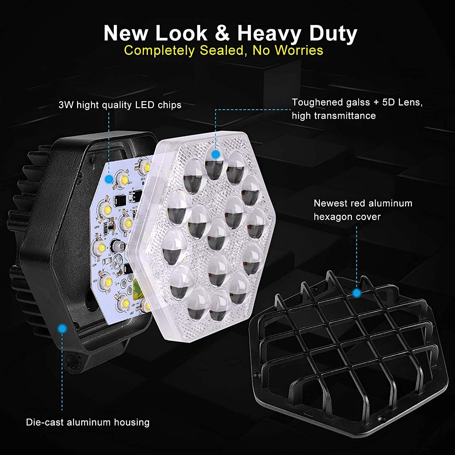 48w 4 *4 LED Spot Work Light Hexagon 3800lm 5D Spot for Jeeps Trucks Offroad Tractor Military Style