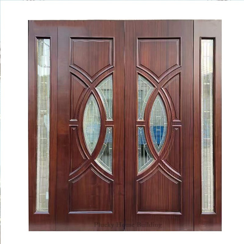 100% exterior Natural Mahogany glass sidelight Wood Door Front Entry Double Main House Door