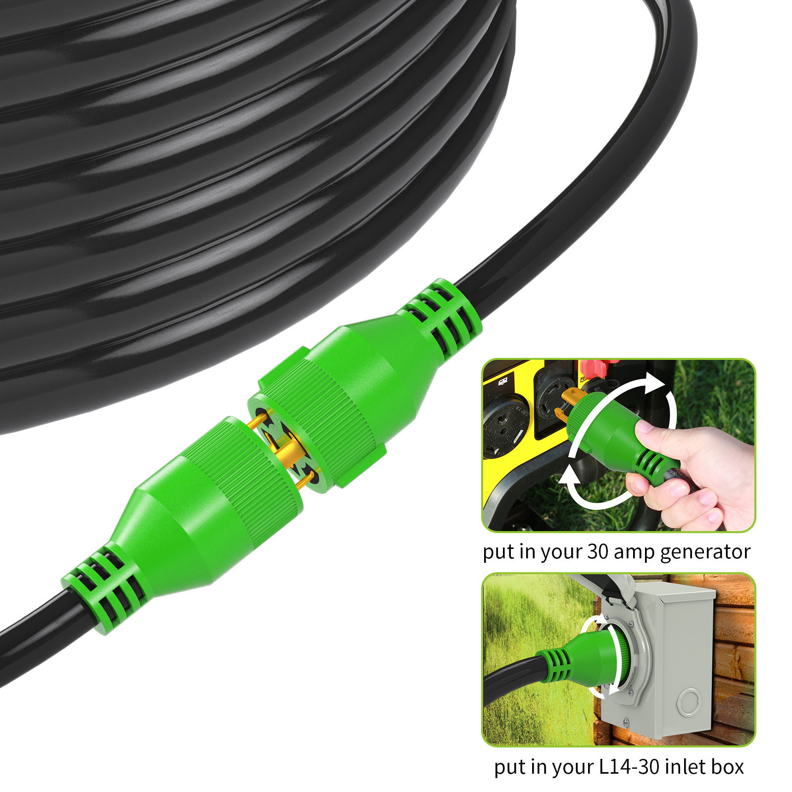 ETL approved 40FT 30A 4 Prong plug 10/4AWG SJTW max rate 7500W NEMA L14-30 generator outdoor extension cord