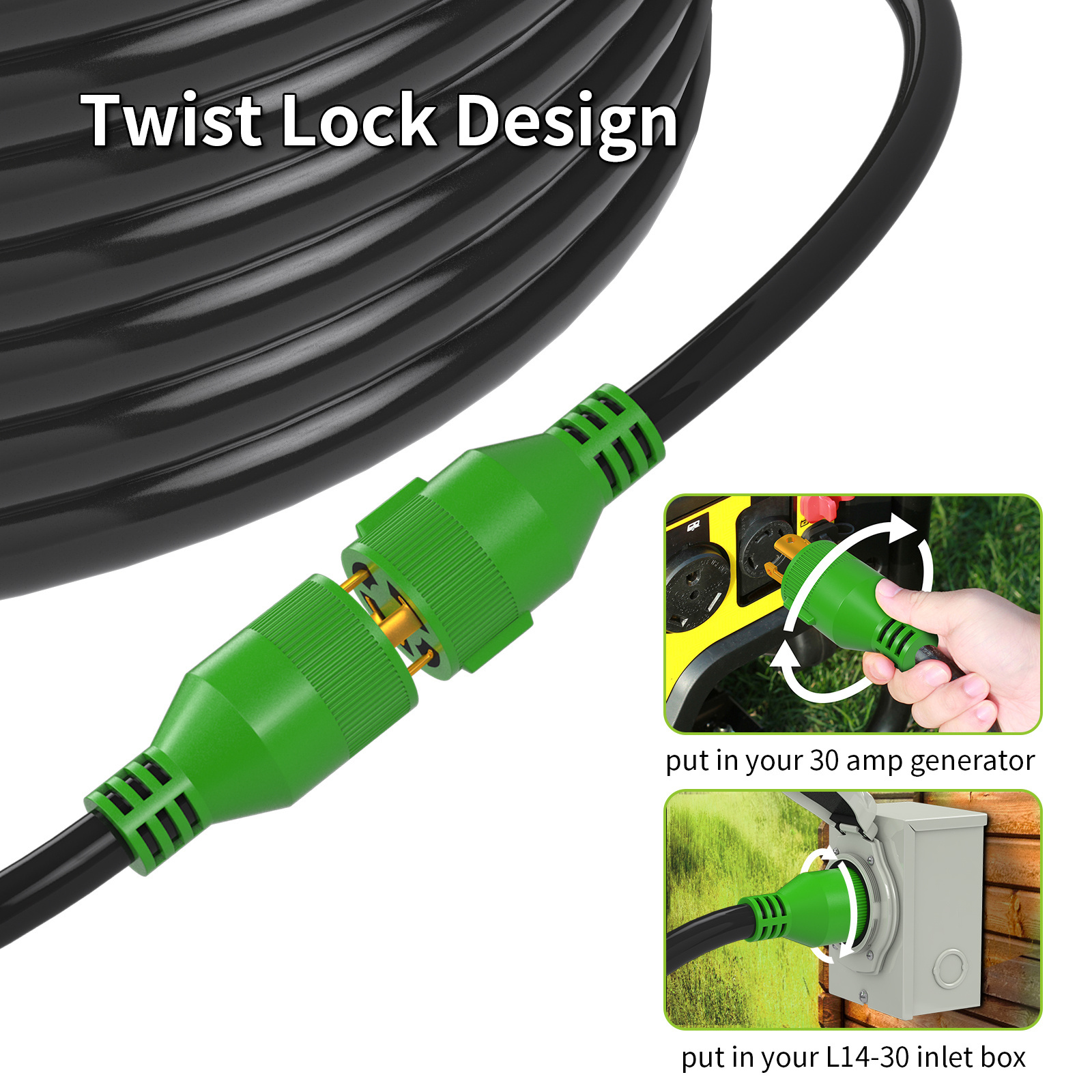 Heavy duty 10/4AWG SJTW twist lock 30A 125/250V NEMA L14-30P plug outdoor extension cord