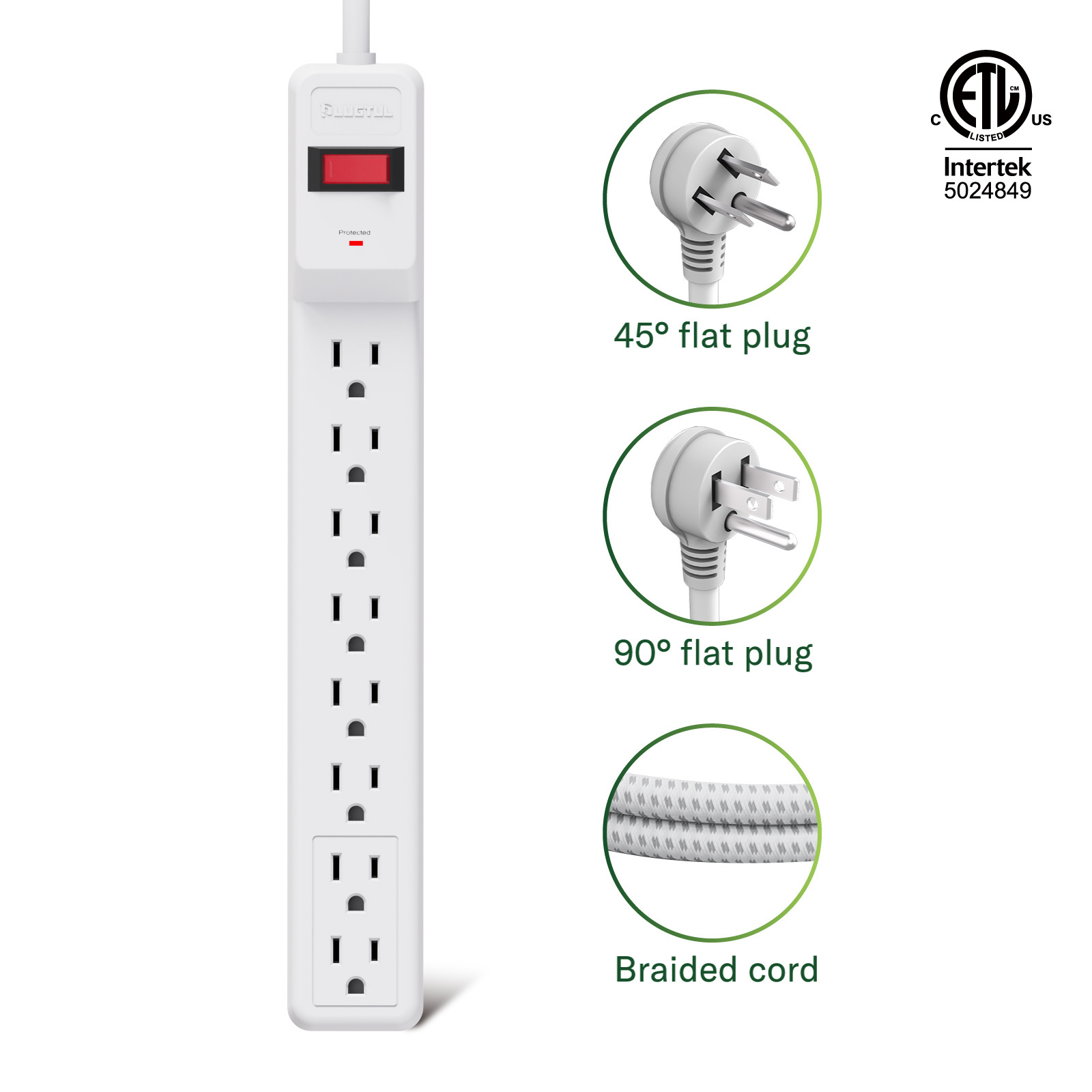 8 Outlets Surge Protector Power Strip, ETL Certified Extension Cord Socket with Indicator Light