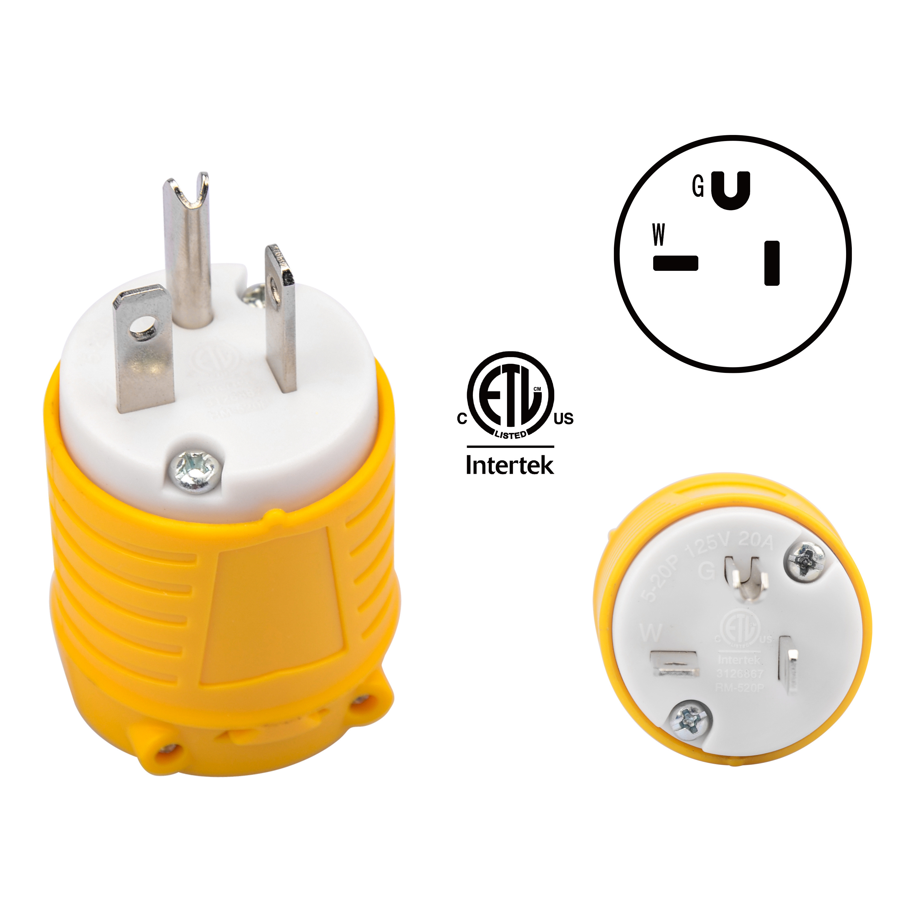 3 Prong Replacement Male Plug 20A/125V Grounding Plug Outlet NEMA 5-20P Straight blade Plug