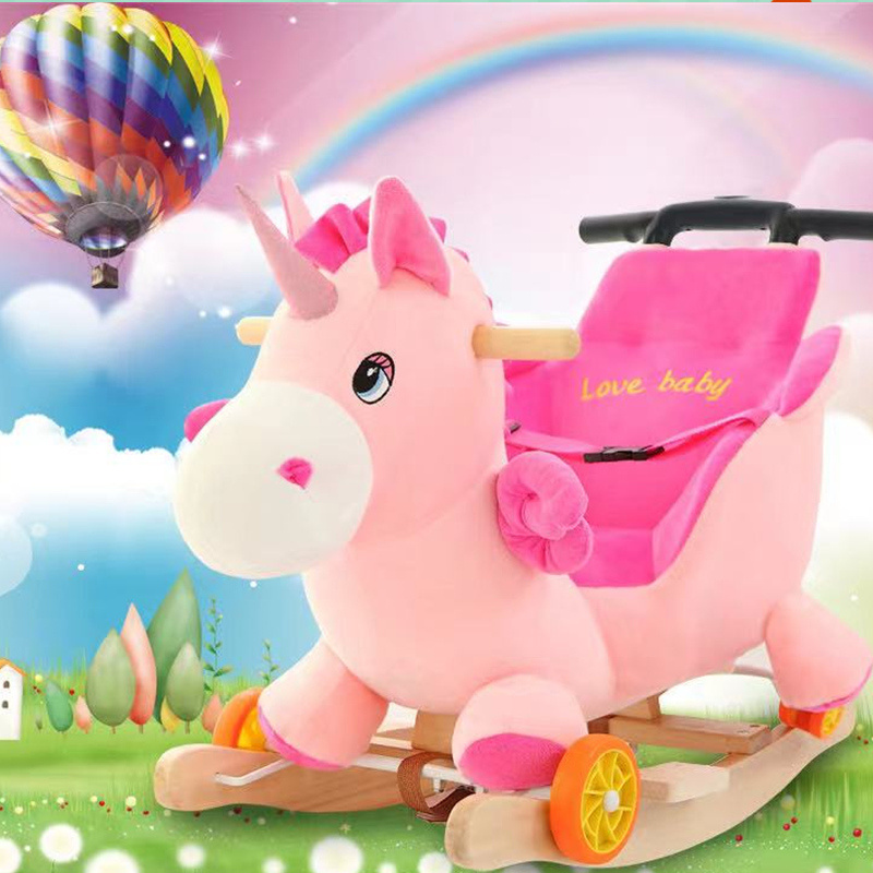 Multi-function Cartoon Stuffed Animal Toy Plush Soft Horse Handle Adjustable  Baby Toddler Stroller Rocking Horse Ride On Toy