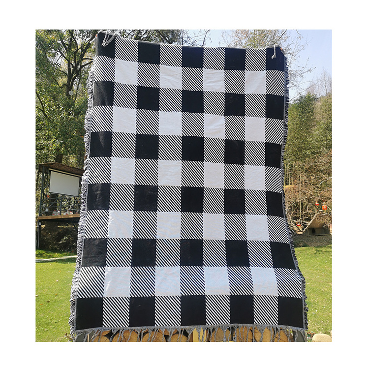 Custom Design Outdoor Picnic Woven Throw Table Cover Black and White Checkerboard Jacquard Woven Throw Blanket