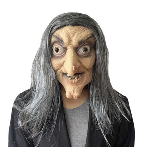 Witch Mask Halloween Horror Devil Masks with Long Hair Evil Costume Latex Realistic Face Old Lady Man costume Creepy Cosplay