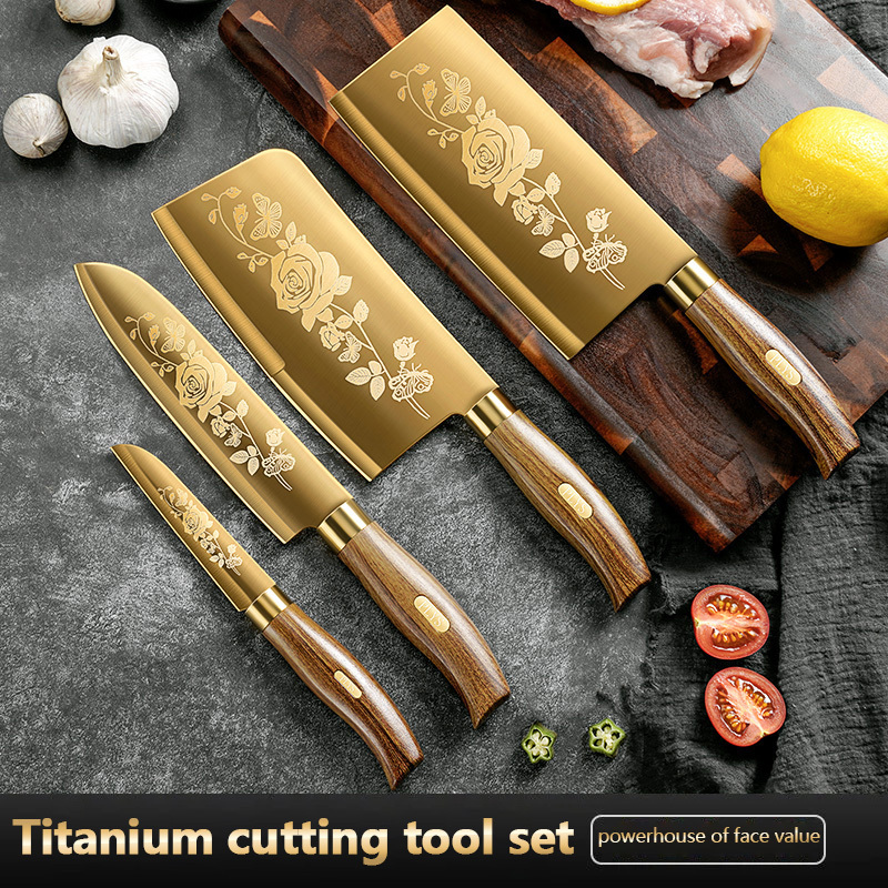 Wholesale Golden Kitchen Knife Set Stainless Steel Blade and Wood Grain Plastic Handle with Gold Titanium Coated Chef Knife Set