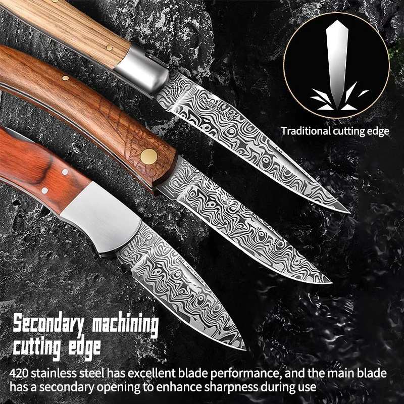 Stainless Steel Pocket Knife Damascus Laser Pattern and Wood Handle EDC Folding Blade Knife Hiking Outdoor Camping Knives