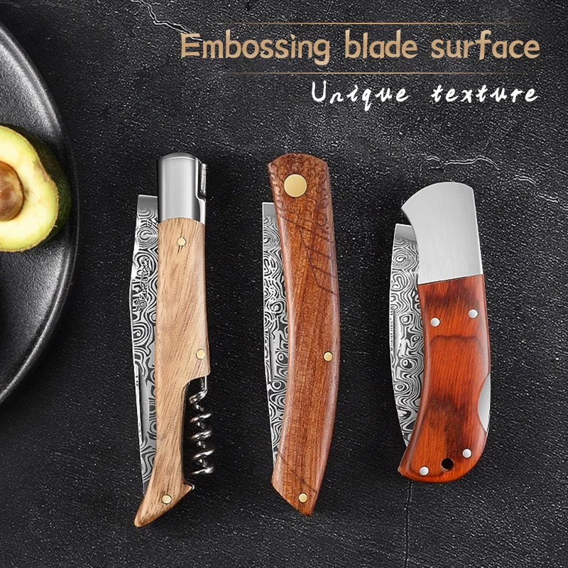 Stainless Steel Pocket Knife Damascus Laser Pattern and Wood Handle EDC Folding Blade Knife Hiking Outdoor Camping Knives