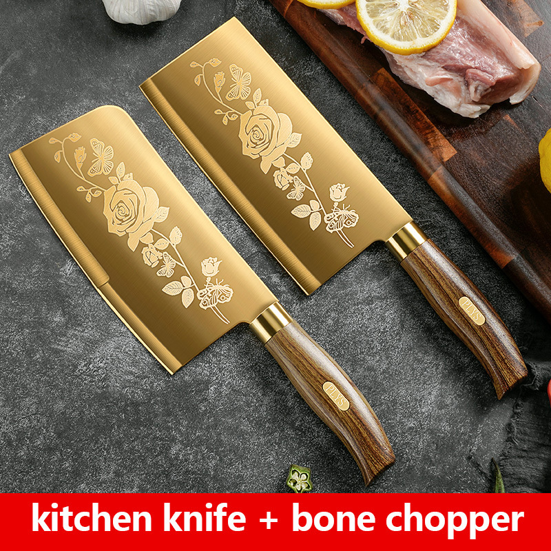 Wholesale Golden Kitchen Knife Set Stainless Steel Blade and Wood Grain Plastic Handle with Gold Titanium Coated Chef Knife Set