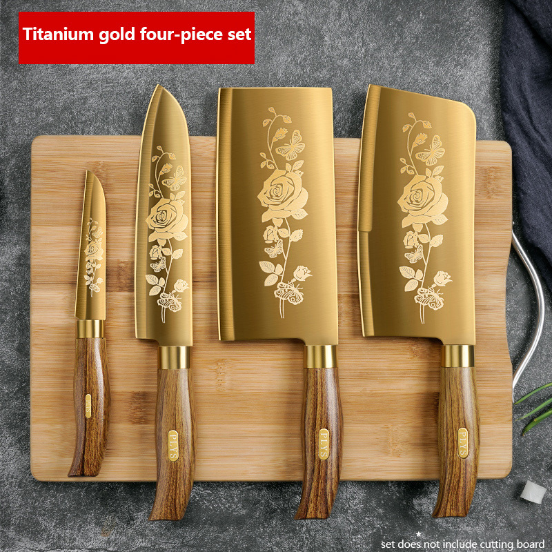 Wholesale Golden Kitchen Knife Set Stainless Steel Blade and Wood Grain Plastic Handle with Gold Titanium Coated Chef Knife Set