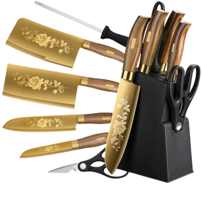 Wholesale Golden Kitchen Knife Set Stainless Steel Blade and Wood Grain Plastic Handle with Gold Titanium Coated Chef Knife Set