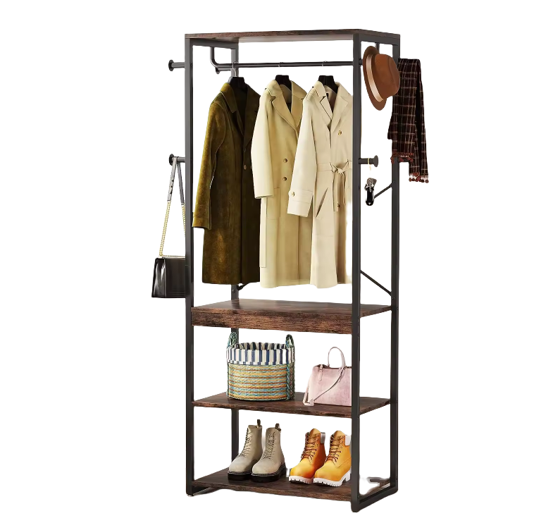 Industrial Hall Tree with 4 Shelves and 8 Hooks Standing Small Clothes Rack Closet Organizer for Entryway