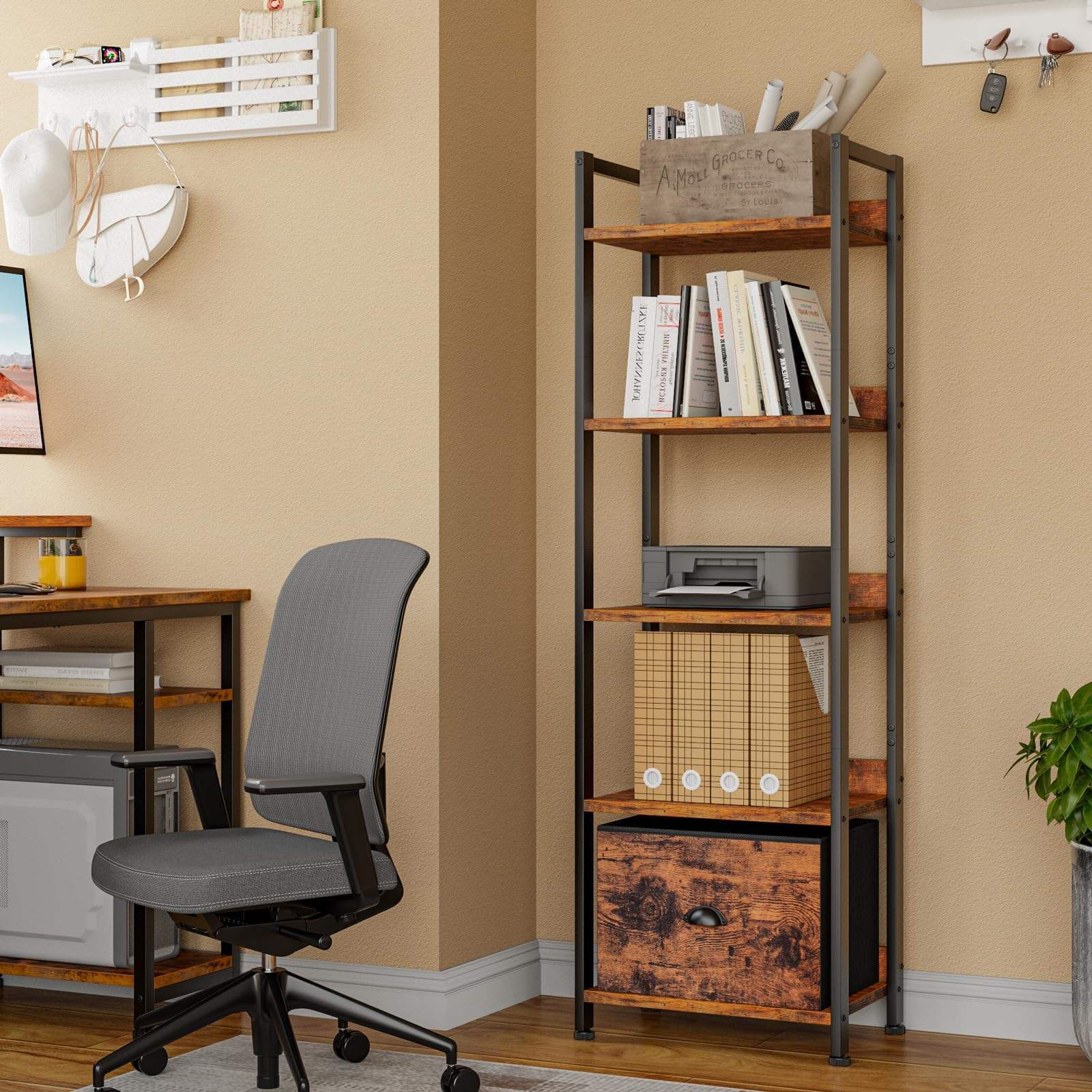 5 Tier Bookshelf with Drawer Tall Narrow Bookcase with Shelves Wood and Metal Book Storage Shelf