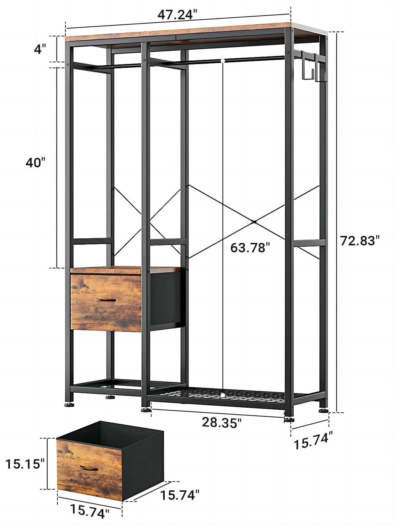 Modern Heavy Duty Coat Rack Metal Frame Shelves Rolling Clothing Rack with 2 drawers