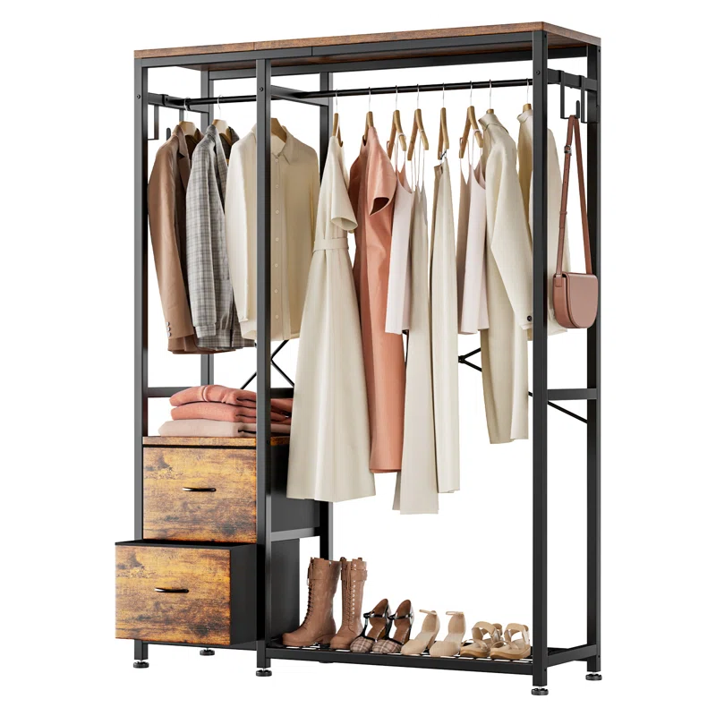 Modern Heavy Duty Coat Rack Metal Frame Shelves Rolling Clothing Rack with 2 drawers