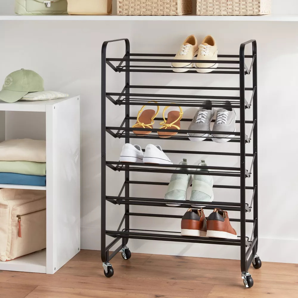 6 Tier Rolling Shoe Rack, Sturdy Metal Shoes Racks with wheels