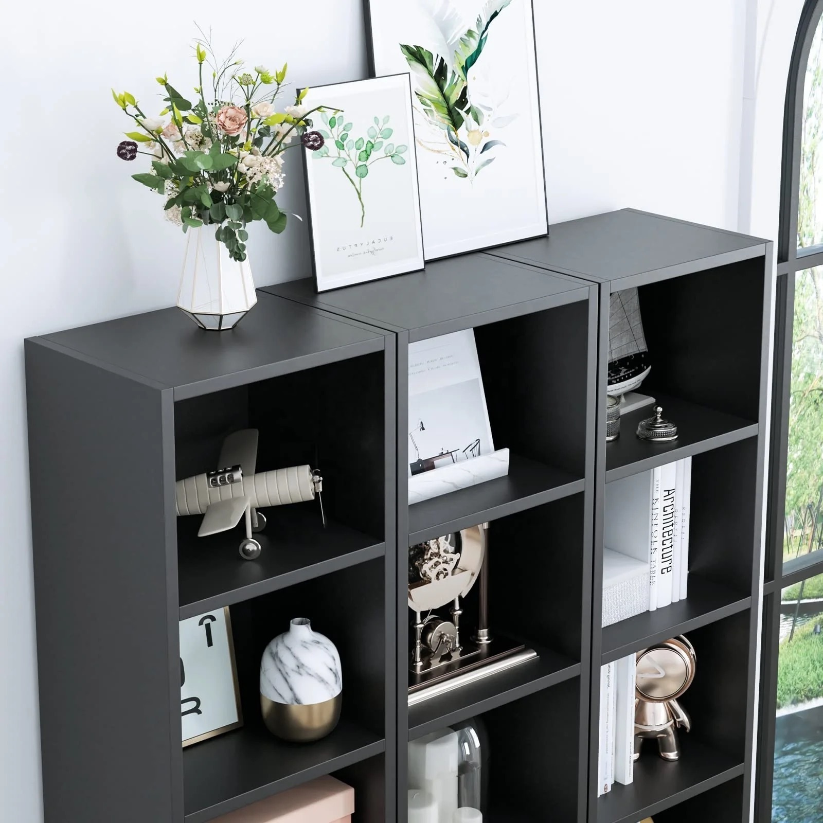 Black Tall Narrow Bookshelf with 8 Shelf Wooden Corner Display Shelving for Living Room Furniture