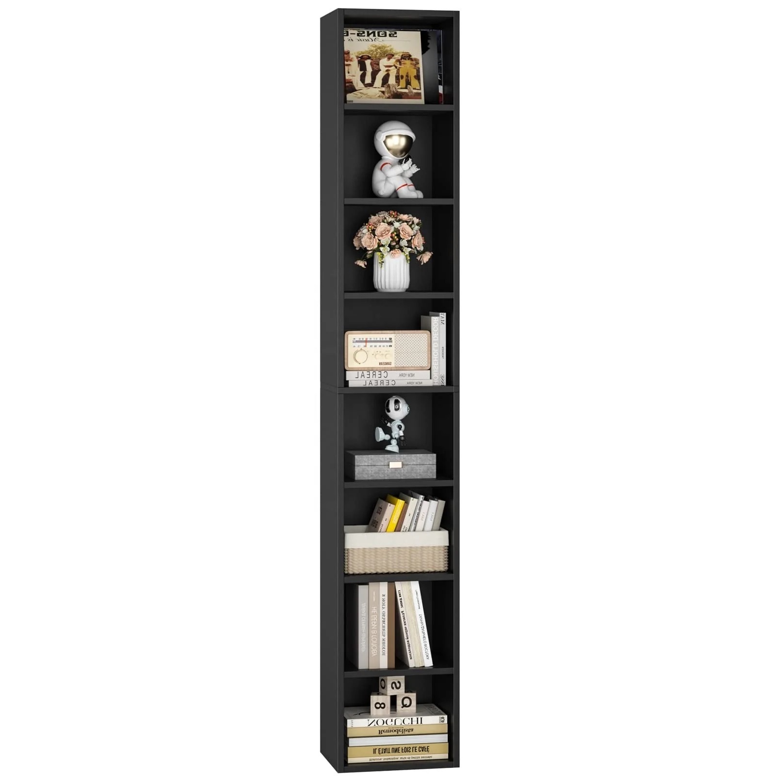 Black Tall Narrow Bookshelf with 8 Shelf Wooden Corner Display Shelving for Living Room Furniture