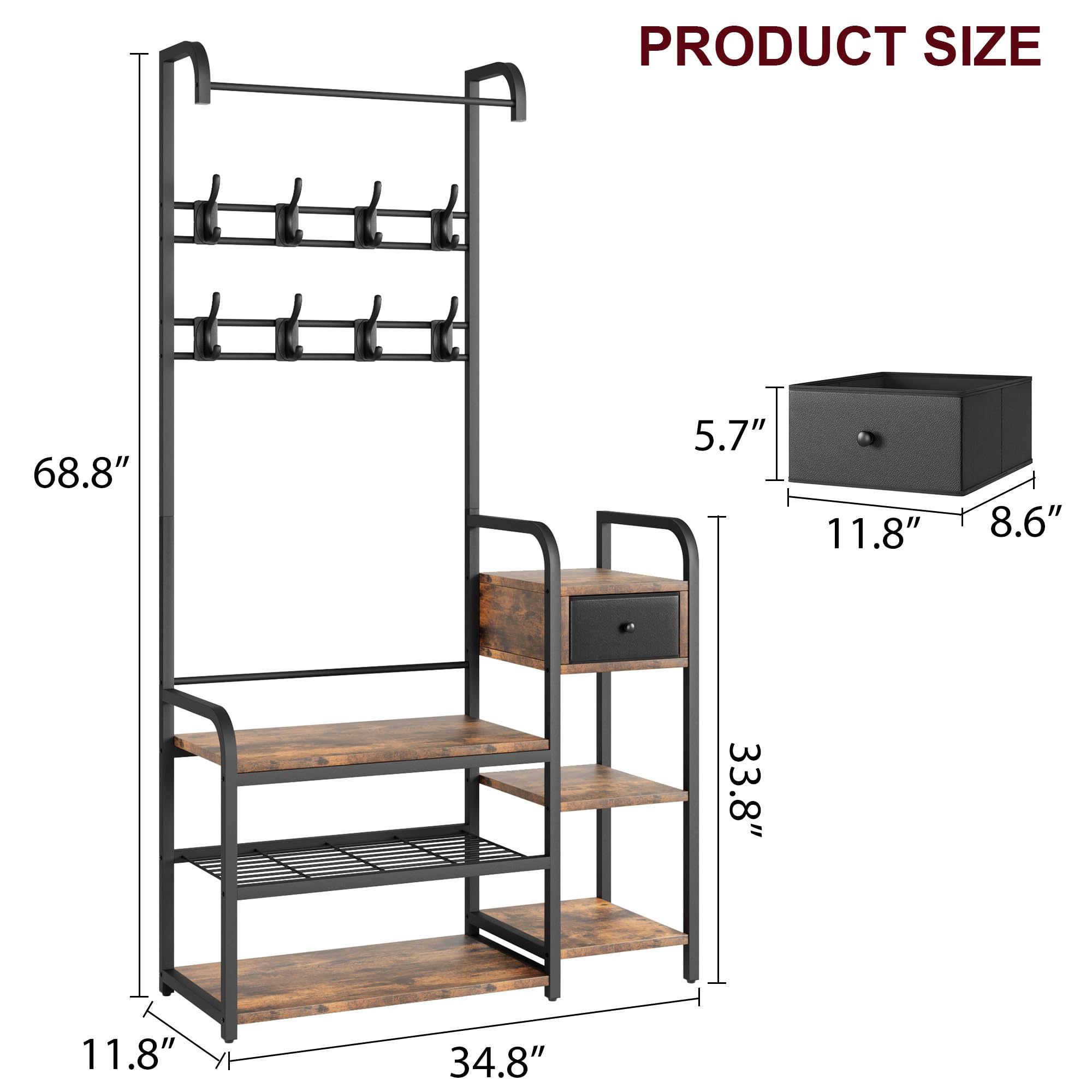 Entryway Organizer Storage Bench Coat Rack with Storage Cabinet Free Standing Wood Accent Metal Hooks and Frame